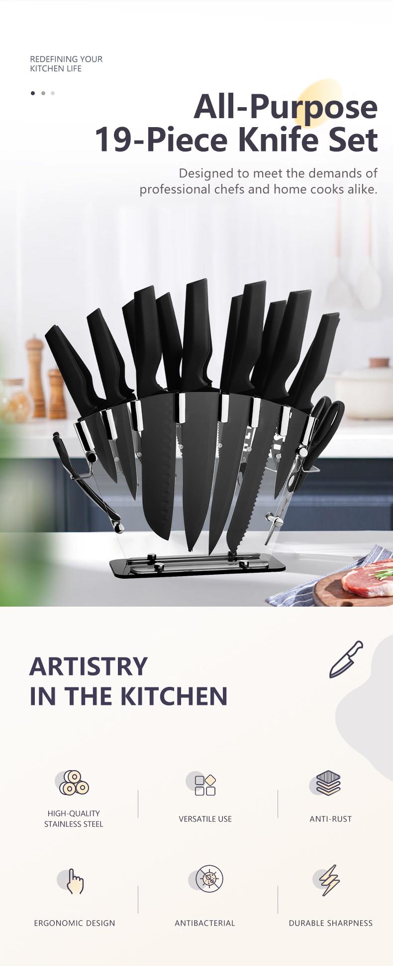 19 Piece Kitchen Knife Set, High Carbon Stainless Steel, Sharp Includes Serrated Steak Knife Set with Combination Chef's Knife, Bread Knife, Scissors, Knife Sharpener Stick, Acrylic Storage Holder, All in One