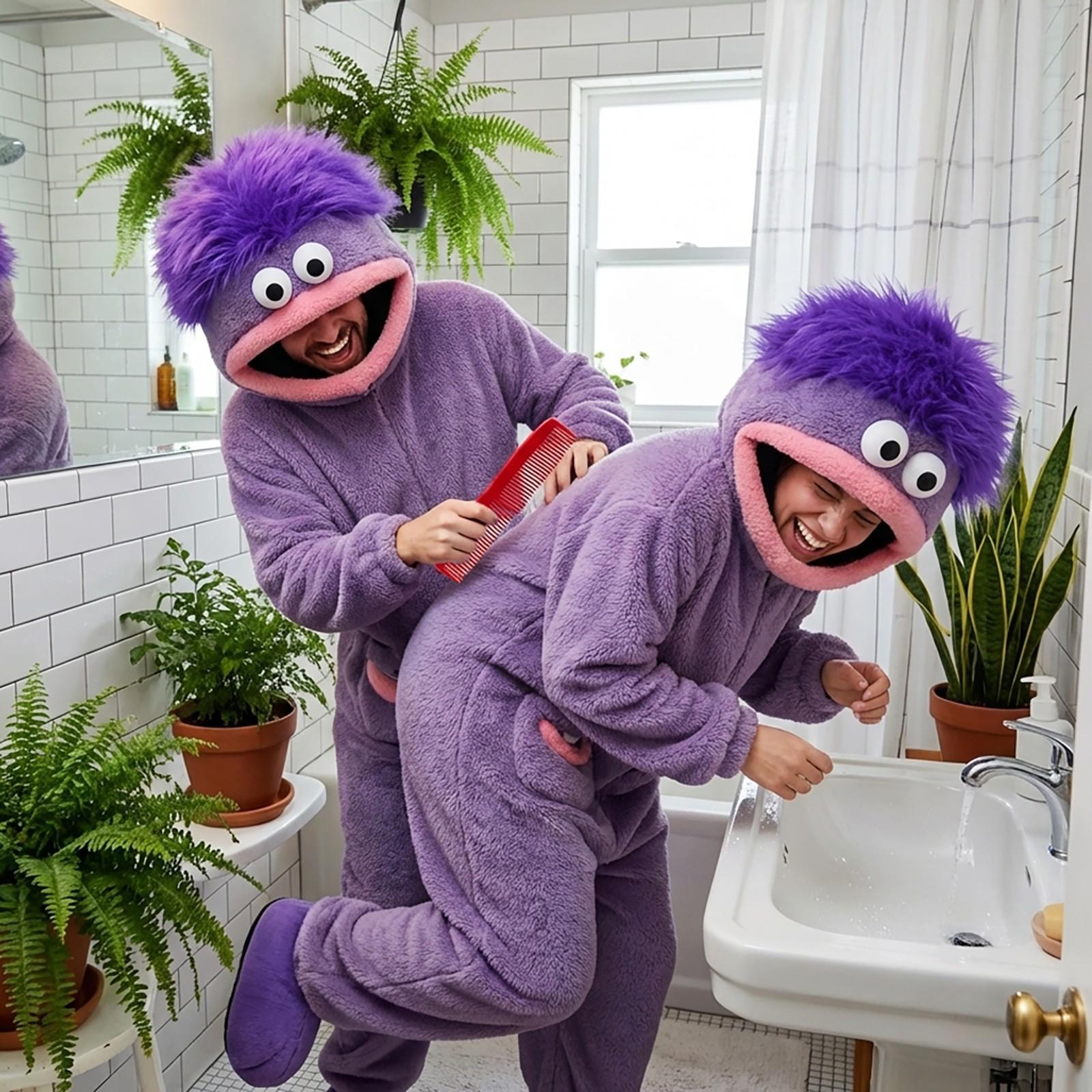 Cute Onesie Set, Soft Flannel Pajama with Hat, Funny Big Mouth Monster Design, 3-Piece Set for Home & Party Fun