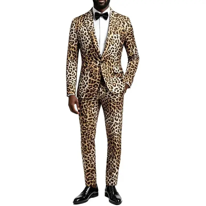 Men's Matching Leopard Print Slim Fit 2-Piece Tuxedo Suit - Long Sleeve Blazer, Dress Pants, Free Bow Tie - Menswear for Wedding, Prom, Halloween Black Fabric, Trouser, Formal, Set, Party Wear, V-Neck