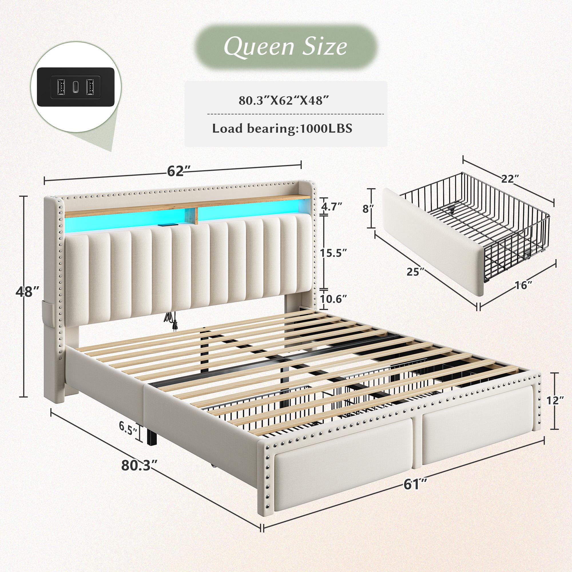 Luxury King/Queen/Full Bed Frame with Storage Shelf & 2 Drawers,NO MATTRESS, Upholstered Bed Frame with LED &Power Outlet, Holds 1000lbs, No Noise, Metal Frame & Wood Slats