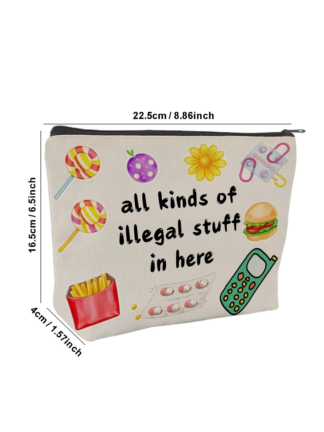 Edgy Humor Makeup Bag, Canvas Pouch with Various Items Quote, Candy, Burger, Pills, Phone, Vintage Icons, Perfect for Cosmetics