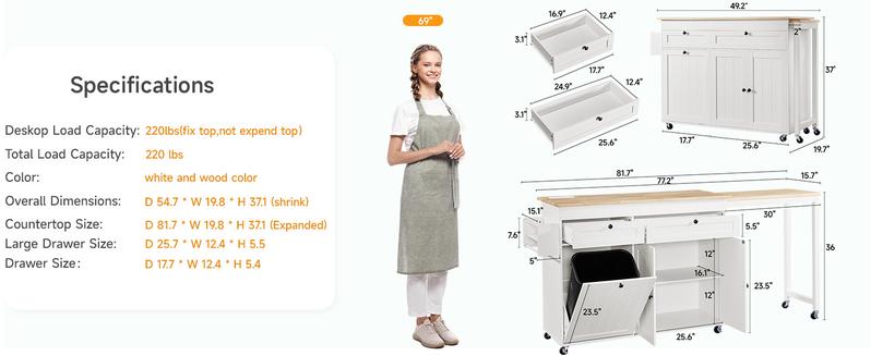 【Valentine's Day gift】ONBRILL 60" / 81.7" Kitchen Island with Power Outlet & Drop Leaf, Kitchen Rolling Island with Spice Rack & Towel Rack, Knife Holder, Kitchen Island Cart with Trash Storage Cabinet, Mobile Island Table for Kitchen