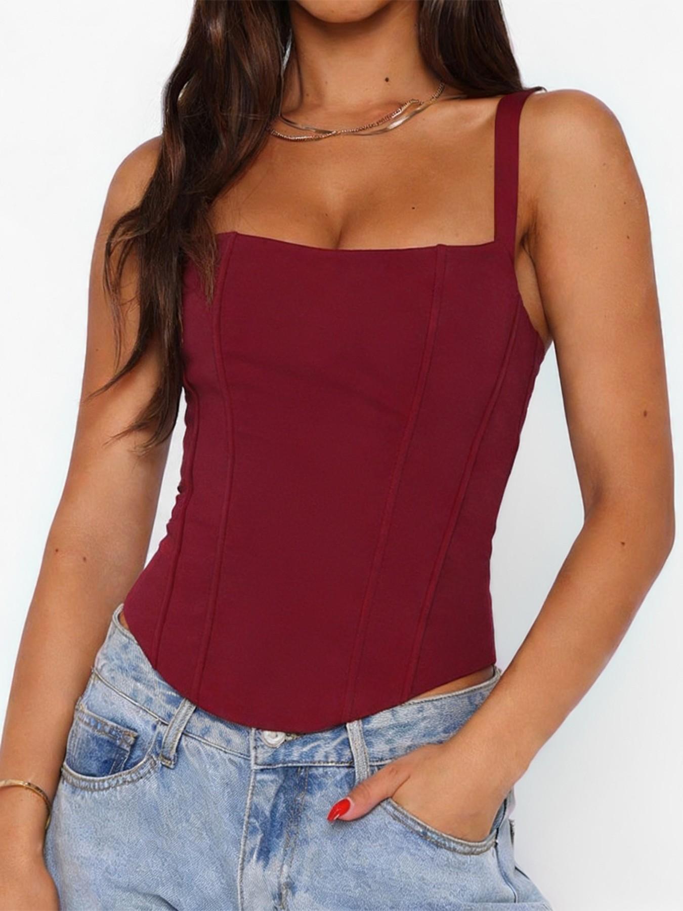 Drawstring Solid Boned Crop Top Women Double Layered Daily Sexy Tank Top Adjustable Corset Top