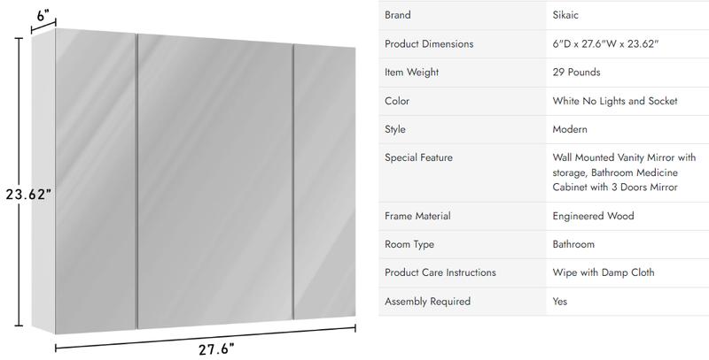 Sikaic Medicine Cabinet with 3 Doors Mirror 3-Adjustable Shelves Storage Organizer White Cupboard Organization Organizing Wood