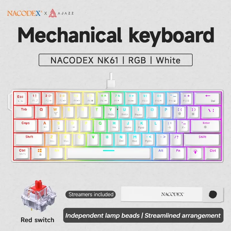 AJAZZ NK61 Compact Mechanical Keyboard with Red Switches, Mixed Light/RGB, Gaming Mechanical Keyboard for 61-Key Office Use, Suitable for Gaming and Office, Mechanical Pc Keyboard