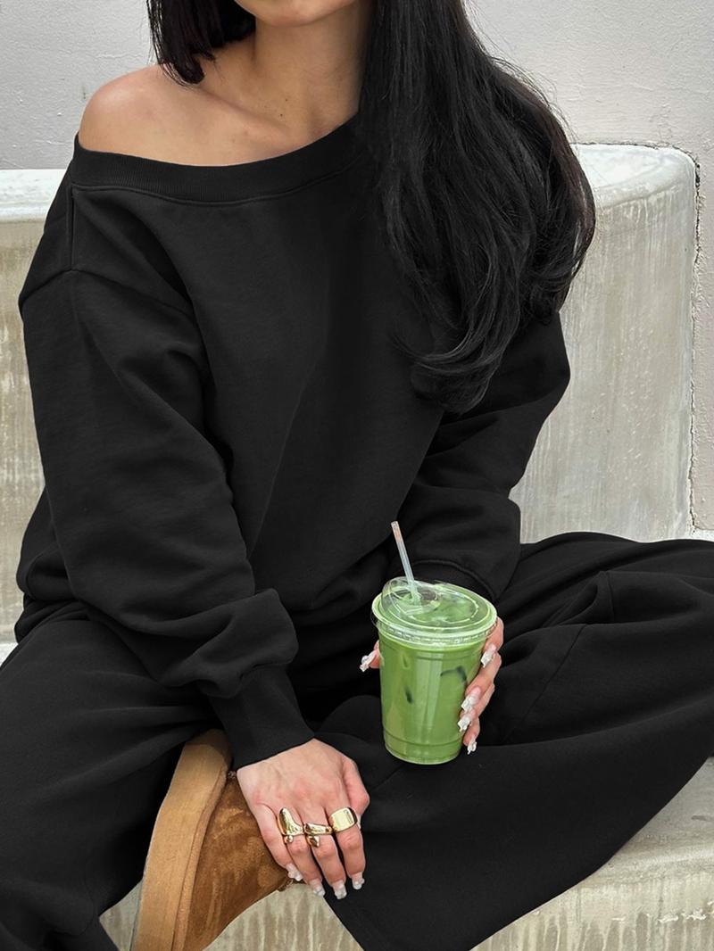 Women's One Shoulder Long Sleeve Top & Pants Two Piece Set Casual Pullover Jumper Sweatsuit for Fall Winter Daily Outfit Comfortable Streetwear Loungewear