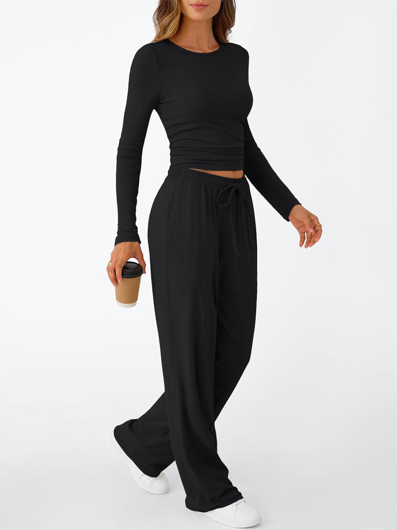 Women's 2 Piece Matching Lounge Set, Long Sleeve Slightly Crop Top & Wide Leg Pants, Casual Workout Set for Comfortable Wear