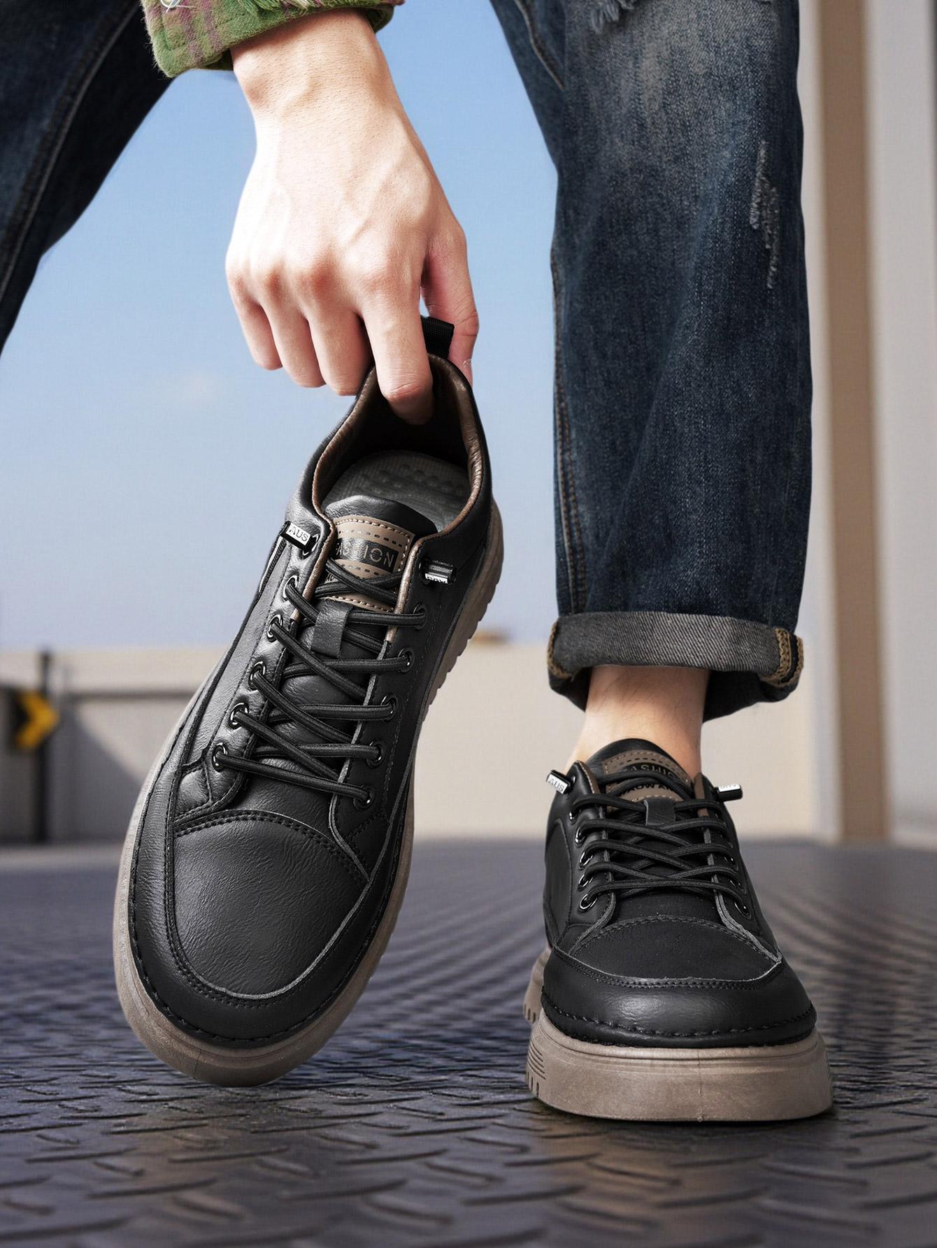 Men's Summer Thick Sole Sneakers, Simple Striped Casual Board Shoes, Soft Leather Breathable Lightweight, Height Boosting Slim Fit, Versatile Daily Wear