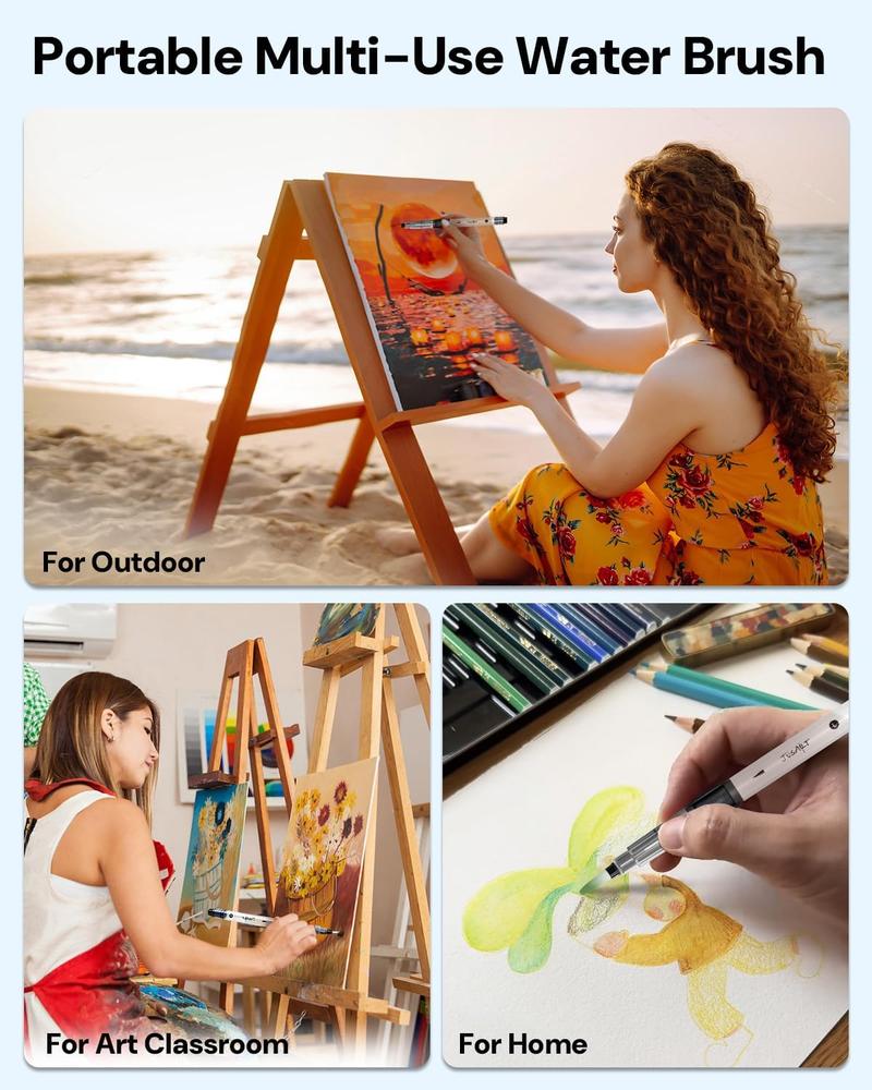 [JusArt] Water Brush Pens 6-Pack Leak-Proof Refillable Watercolor Pens for Acrylic and Gouache Painting - Includes Pointed & Flat Tip Styles - Portable Water Brushes for Artists, Beginners, Kids