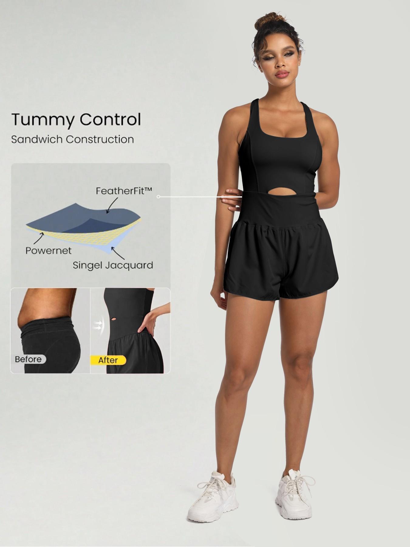 Women's Solid Color Cut Out Sports Romper, Sporty Romper, Casual Sleeveless Tank Romper, High Waisted Romper, Elastic Waist Romper, Workout Rompers, Exercise Rompers, Athletic Rompers for Yoga Gym Workout, Ladies Sportswear for All Seasons, Yoga Jumpsuits