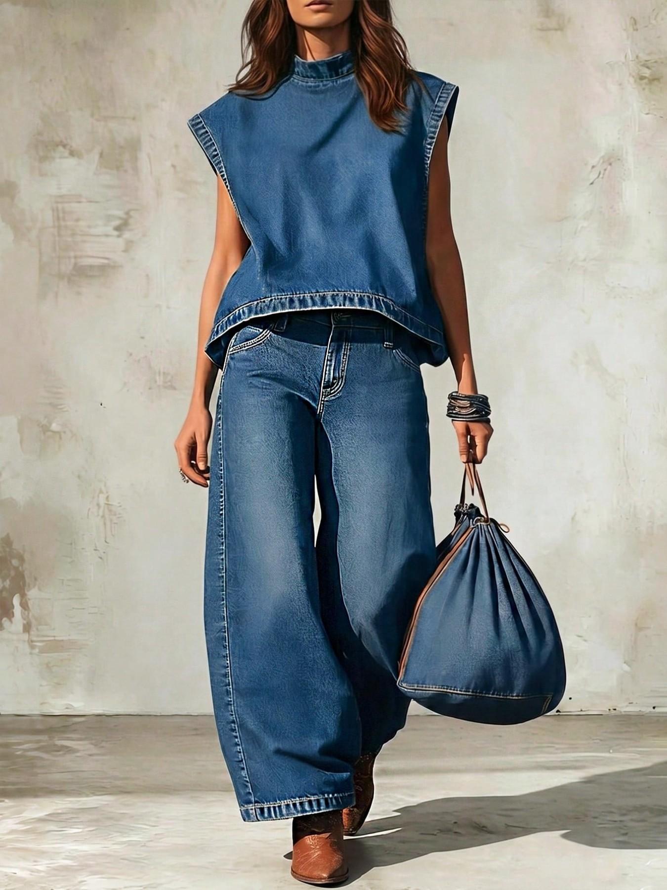 Women's Stand Collar Sleeveless Loose Fit Denim Top, Perfect for Summer Daily Wear, Casual Fashion Shirt