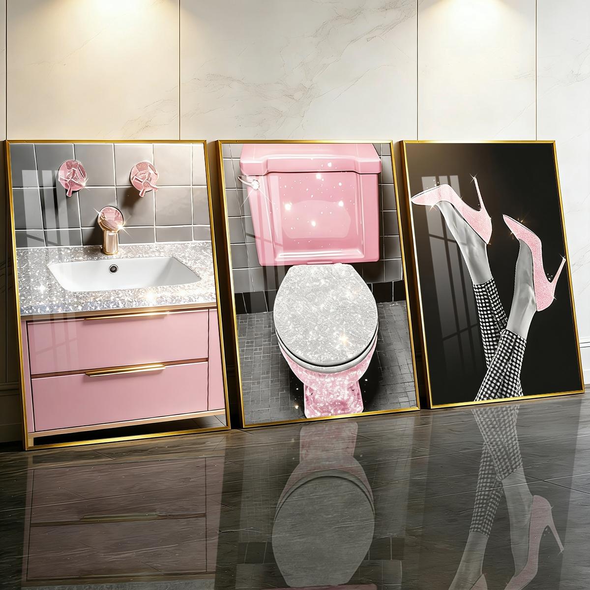 3 Counts Aluminum Alloy Framed Painting, Pink Glam Bathroom And High Heels Art Pictures, Home Decoration For Living Room, Bedroom, Office, Restaurant, Hallway Wall Decor, Odorless Print Artwork, Luxury Perfect Gift For Friends And Family