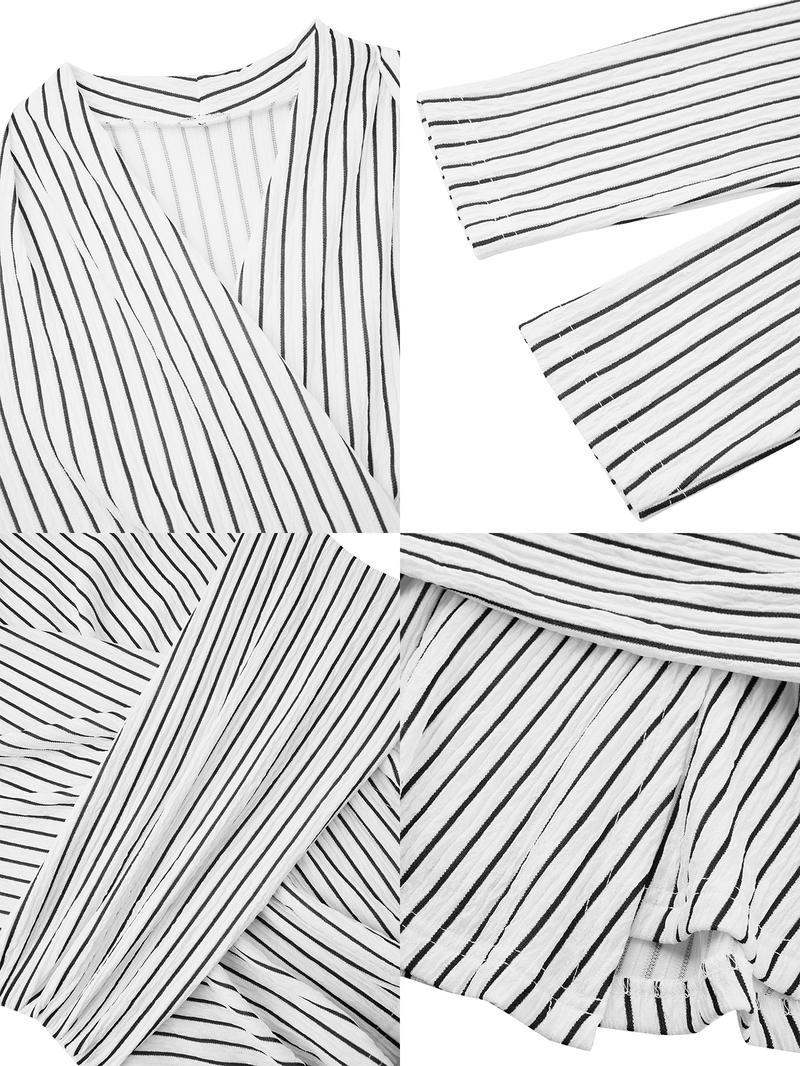 Women's Striped Two-Piece Set, Elegant Fall & Winter, Deep V-Neck Long Sleeve Top, High-Waisted Wide-Leg Pants, Plus Size