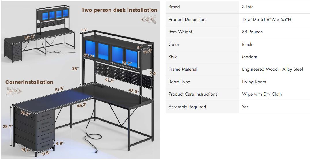Sikaic 62 Inches LED Reversible L Shaped Gaming Desk With Power Outlet Storage Drawers Hutch and Pegboard Furniture Ergonomic Modern Dual Monitor Stand