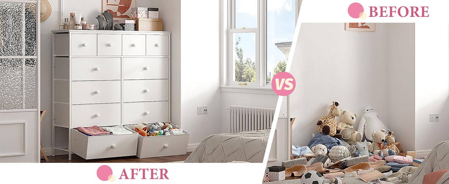 Raybee Furniture Tall Dresser with 12 Drawers, Wooden Top and Metal Frame, Fabric Storage Organizer, Ideal for Dressing Room, Bedroom, Closet,Entryway,Living Room