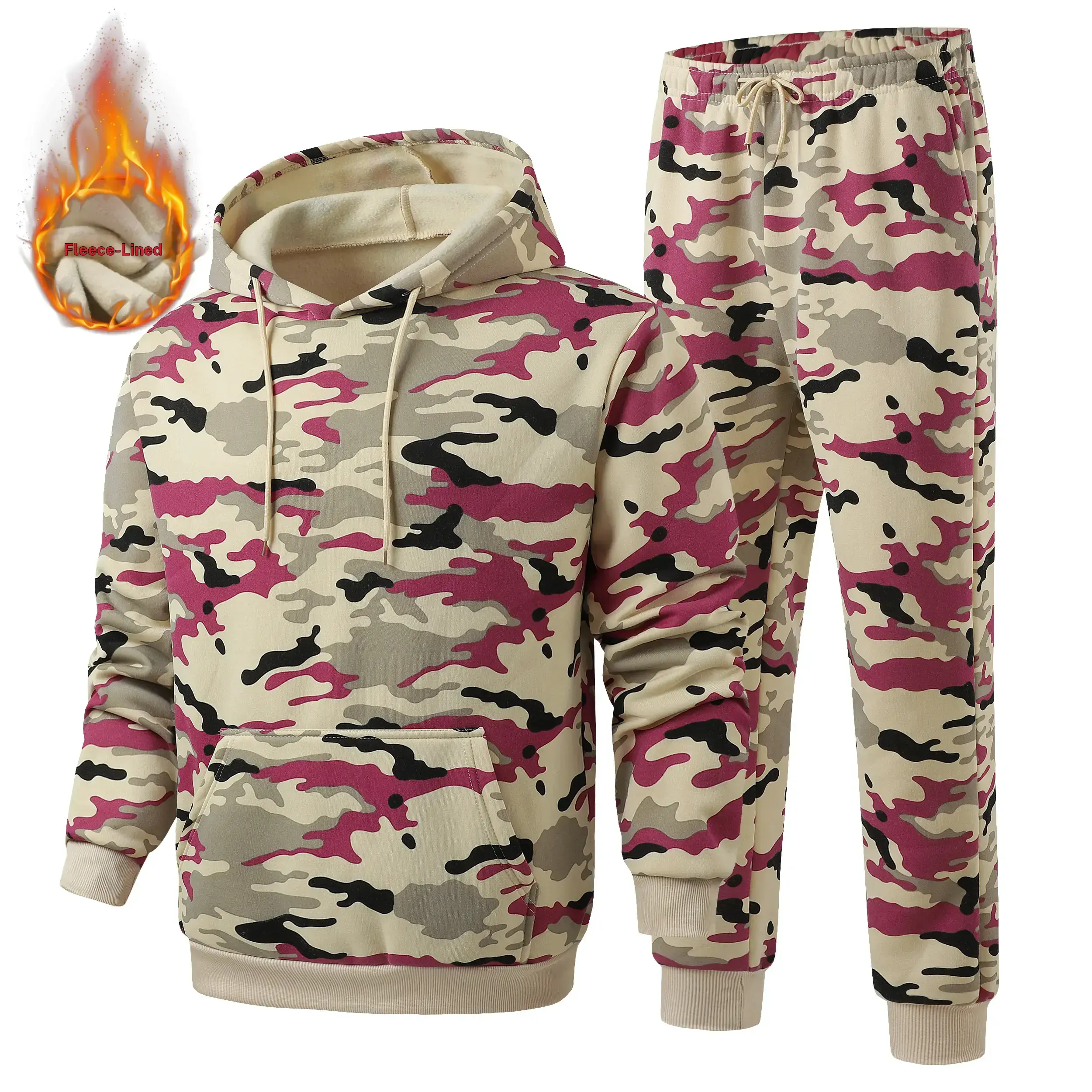 Unisex camo hoodie & jogger set – thick sherpa fleece lining, kangaroo pocket, drawstring hood, ribbed cuffs, multi color camouflage, American outdoor streetwear 2 piece set for fall/winter daily wear & jogging