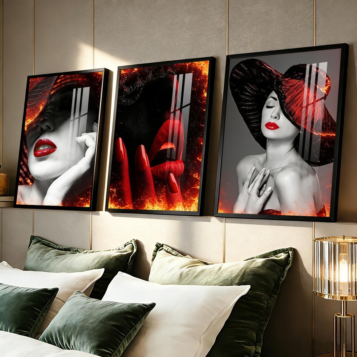 3 Counts Aluminum Alloy Framed Painting, Abstract Red Lips And Black Hat Lady Pictures, Home Decoration For Living Room, Bedroom, Office, Restaurant, Hallway Wall Decor, Odorless Print Artwork, Luxury Perfect Gift For Friends And Family