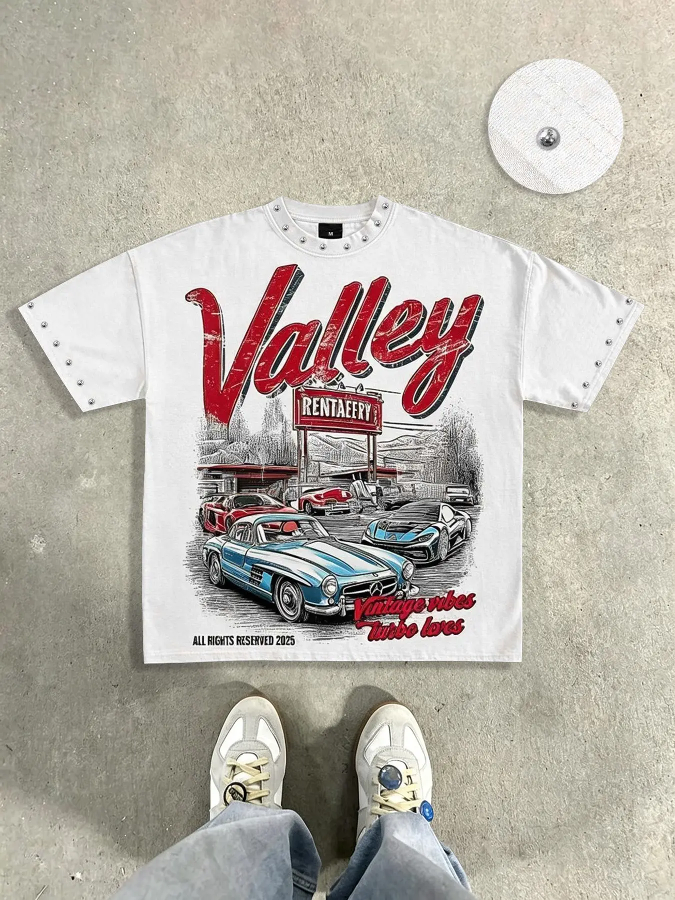 Valley American Retro Vintage Sports Car Cotton T-Shirt Short Sleeve, Street Style Trendy Men's Short Sleeve, VALLEY Short Sleeve Car Retro Poster Print Distressed Shirt Summer Clothes Metal Rivet Shirt Short Sleeve Men's Vacation Style