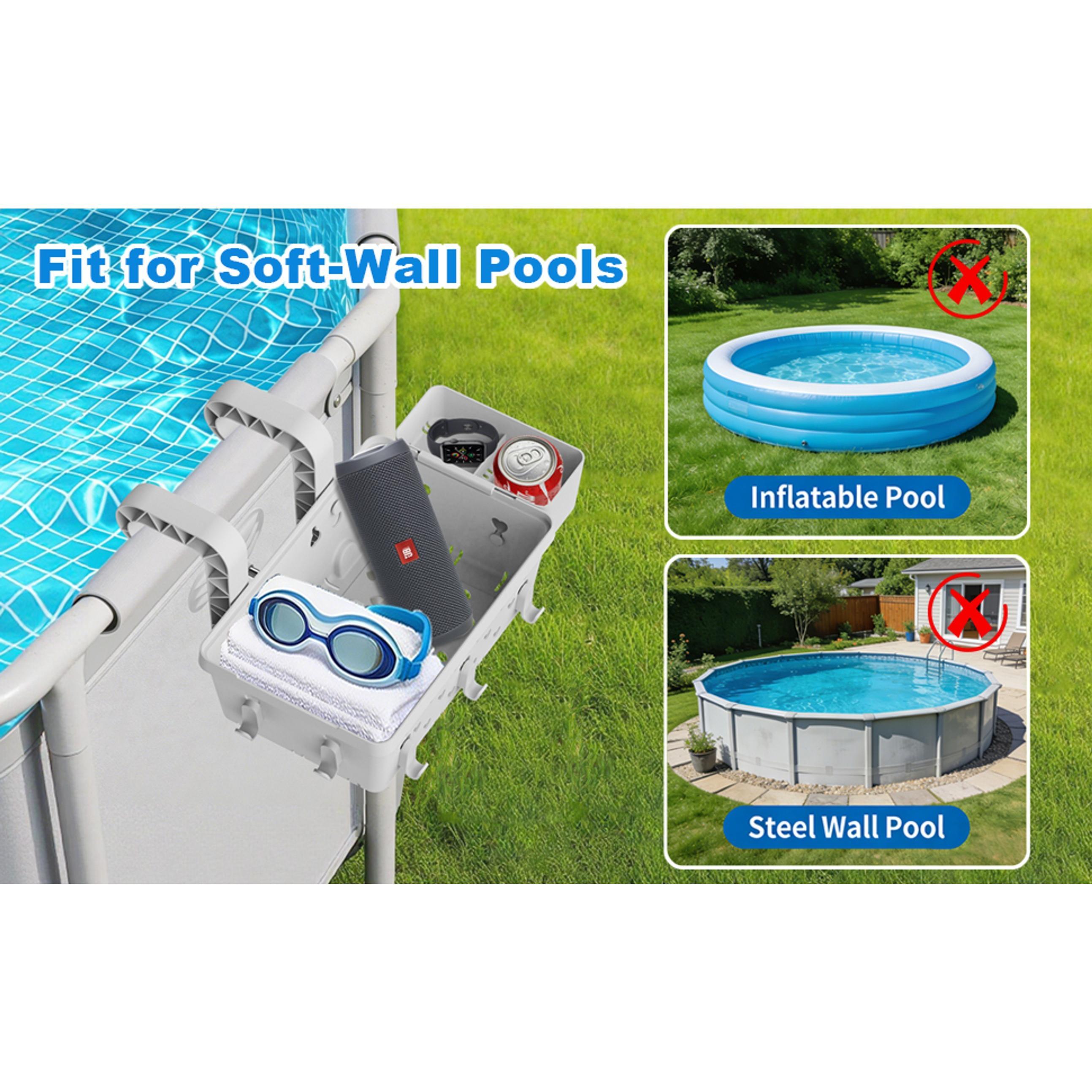 2 Pack Poolside Storage Basket for Above Ground Pool, Hanging Pool Storage Organizer with Cup Holder & Hooks, Pool Accessories Organizer for Towels, Goggles, Toys (Grey)