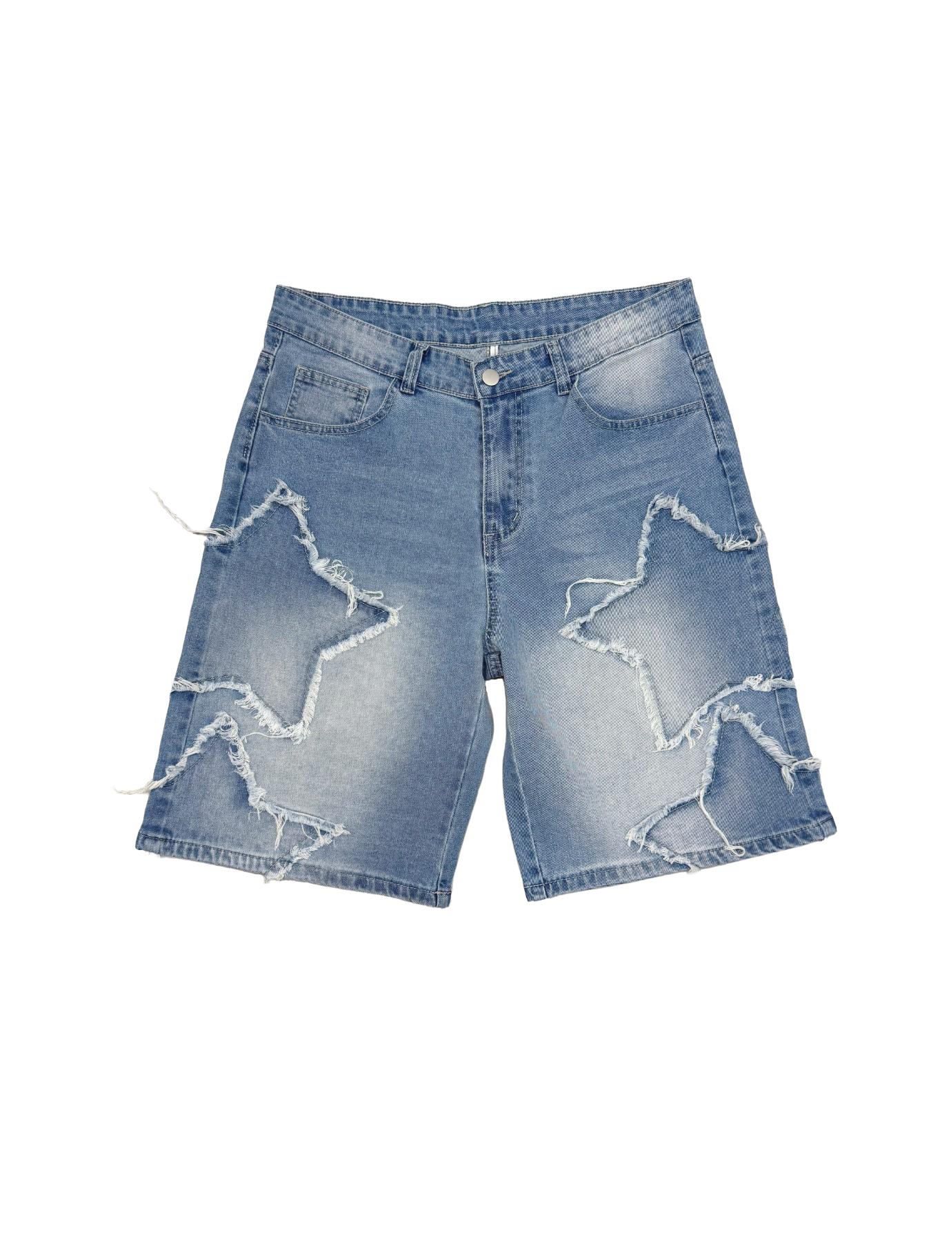Light Blue American Vintage Washed Denim Five-Pocket Shorts for Men, Summer Loose Fit Slimming Wide Leg Pants, Trendy Star Print Shorties, Summer Casual Shorts