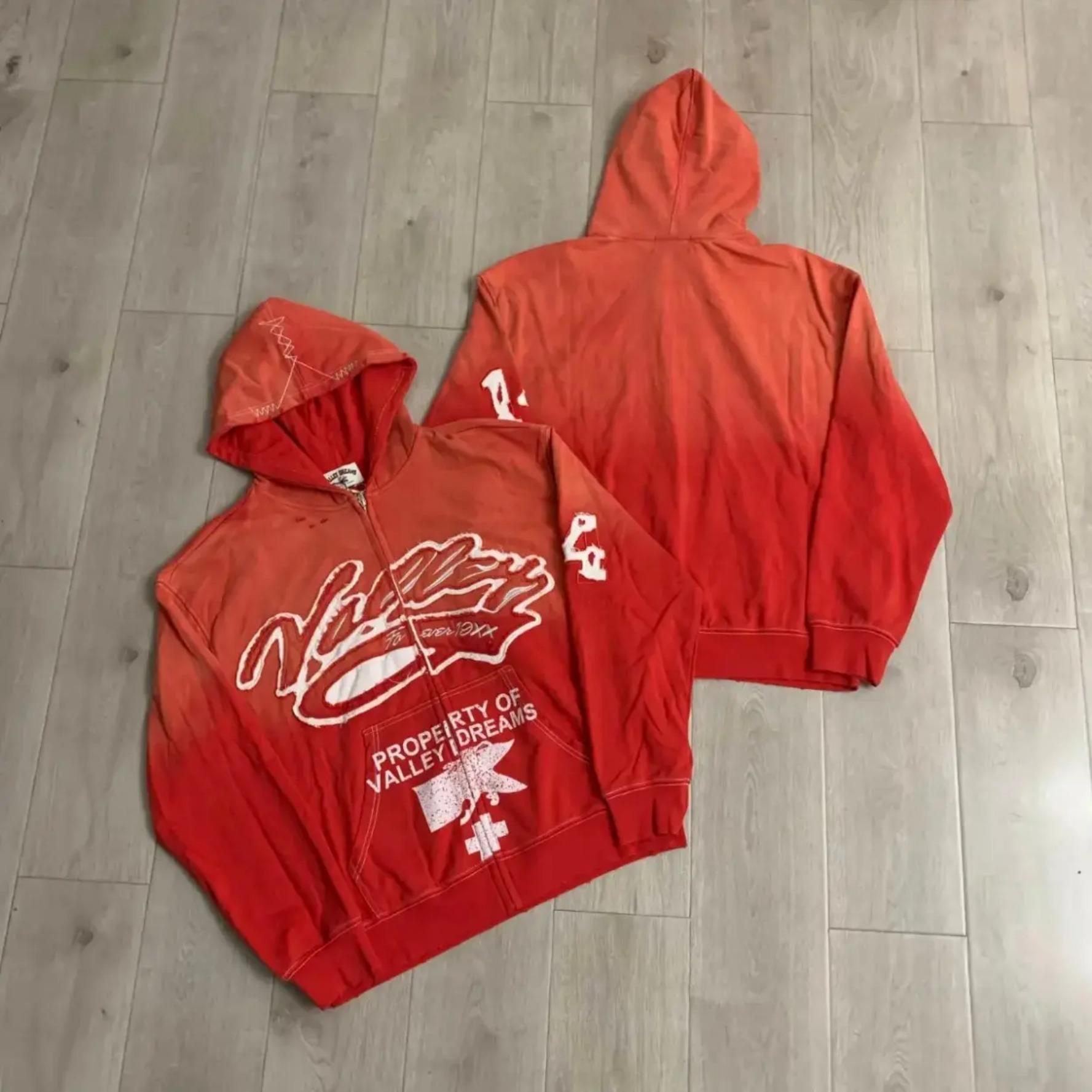 VALE VALLEY DREAMS Embroidered Patch Vintage Washed Zip Up Hoodie 380g Heavyweight 100% Cotton Loose Oversized Y2K Distressed Hooded Sweatshirt Autumn Winter Streetwear Jacket Top Unisex