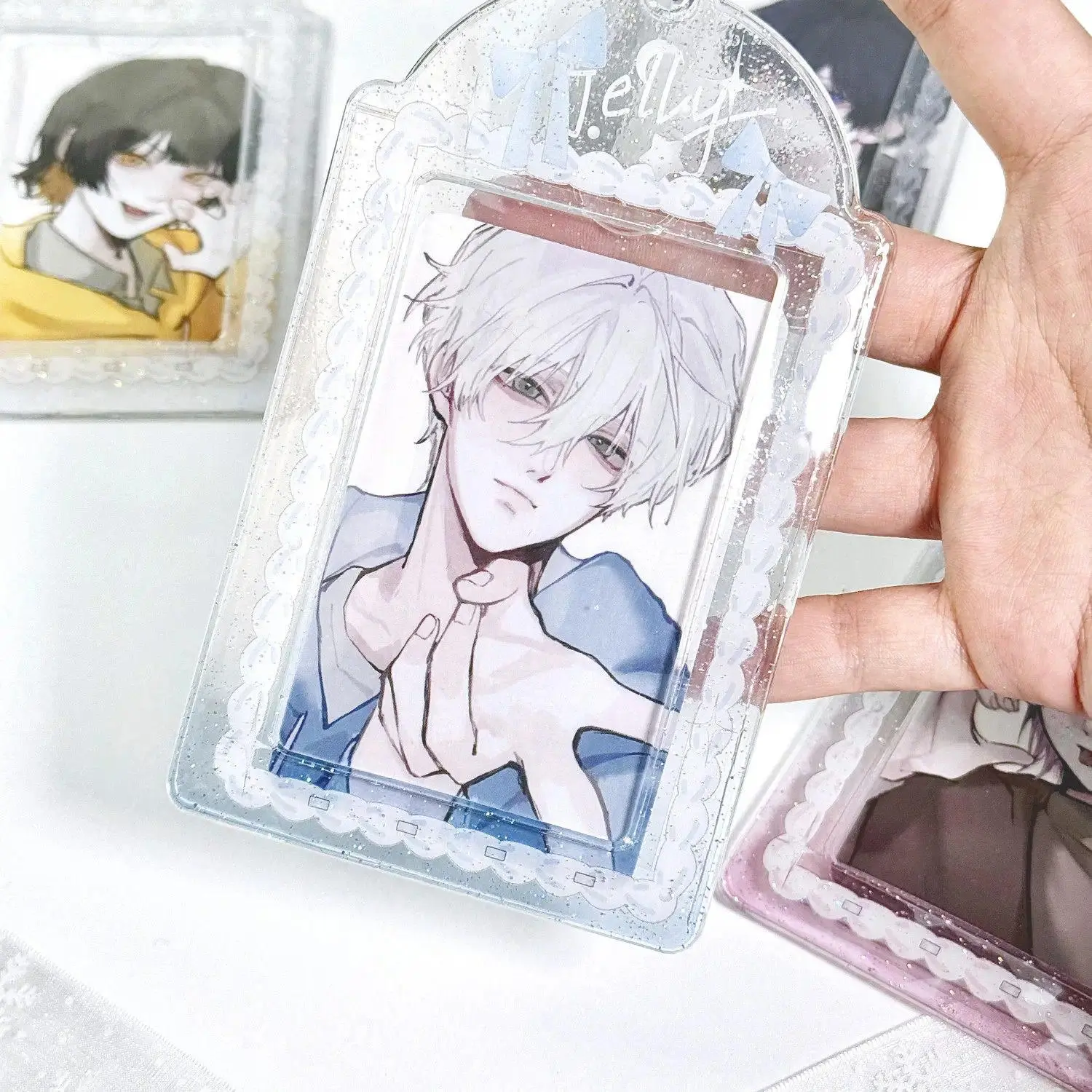 Bow Cream Clear PVC Card Sleeve – 3" 3.5" Photo Holder for Instax Mini & Collectible Cards, Anime Merch Key Ring Pendant