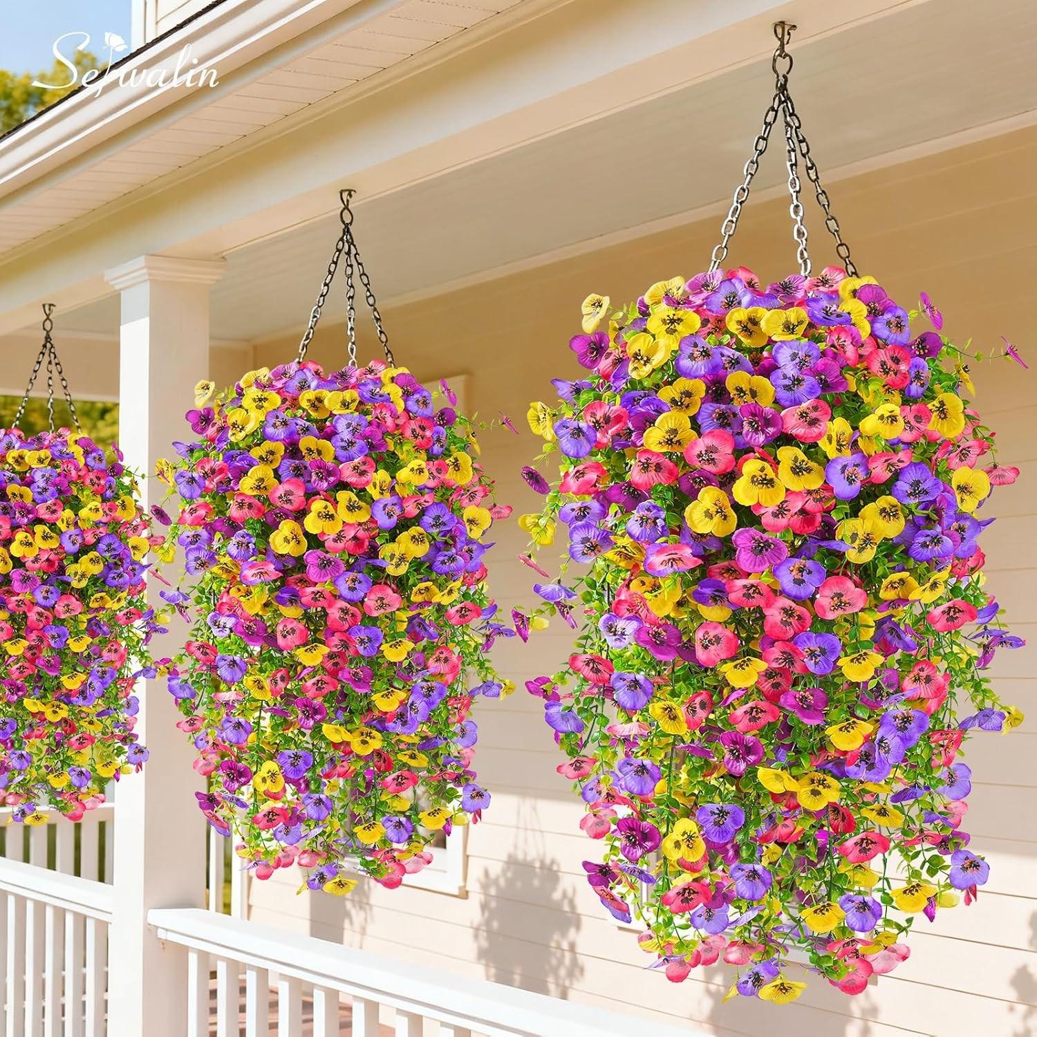 Artificial Fake Hanging Flowers for Outdoors Planters,6PCS Artificial Flower Set UV Resistant Faux Pansy Spring Flowers for Outside Porch Patio Garden Window Box Flower Arrangements (Mixed Colors) #GLOBAL PICKS
