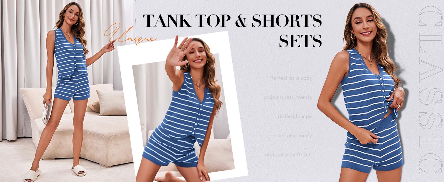 ARTFREE Womens 2 Piece Outfits Summer Striped Casual Lounge Sets Knit Sleeveless V Neck Tops Short Sets ARTFREE Womens 2 Piece Outfits Summer Striped Casual Lounge Sets Knit Sleeveless V Neck Tops Short Sets