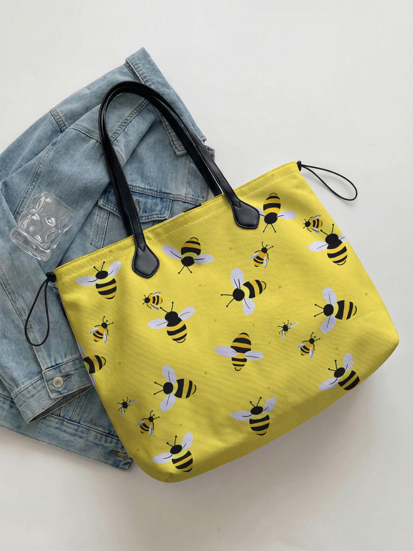 Bee Pattern 2D Printed Drawstring Tote Bag, Large Capacity Shopping Bag, Durable All Season Use, Ideal for Work, Shopping, Picnic, Fashionable Shopping Bag