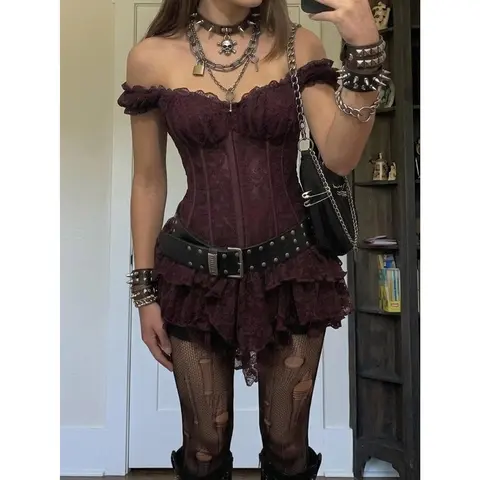 Women's Casual Retro Corset Lace Bodycon Asymmetrical Hem Mini Dress, Suitable For Y2K,Dresses For Women Summer