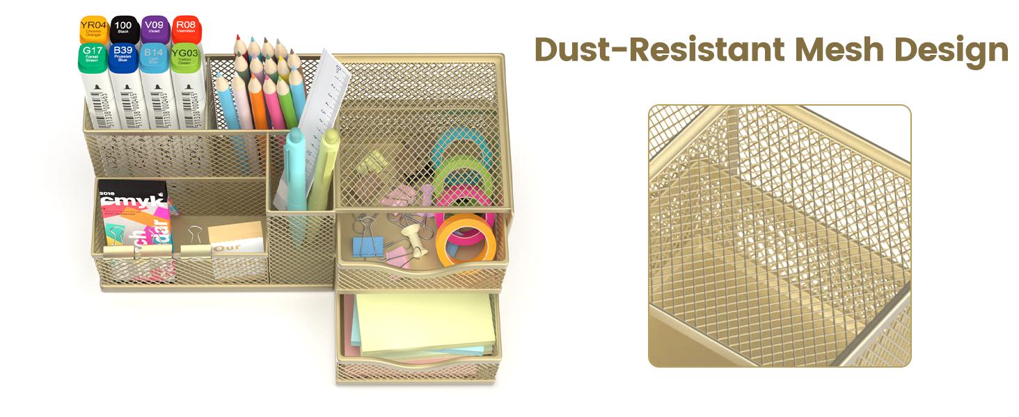Mesh Desk Organizer, Pen Organizer with 2 Drawers and 5 Compartments, Versatile Pen Holder for Small Space, Desk Organizers and Accessories for School Office Supplies, Gold