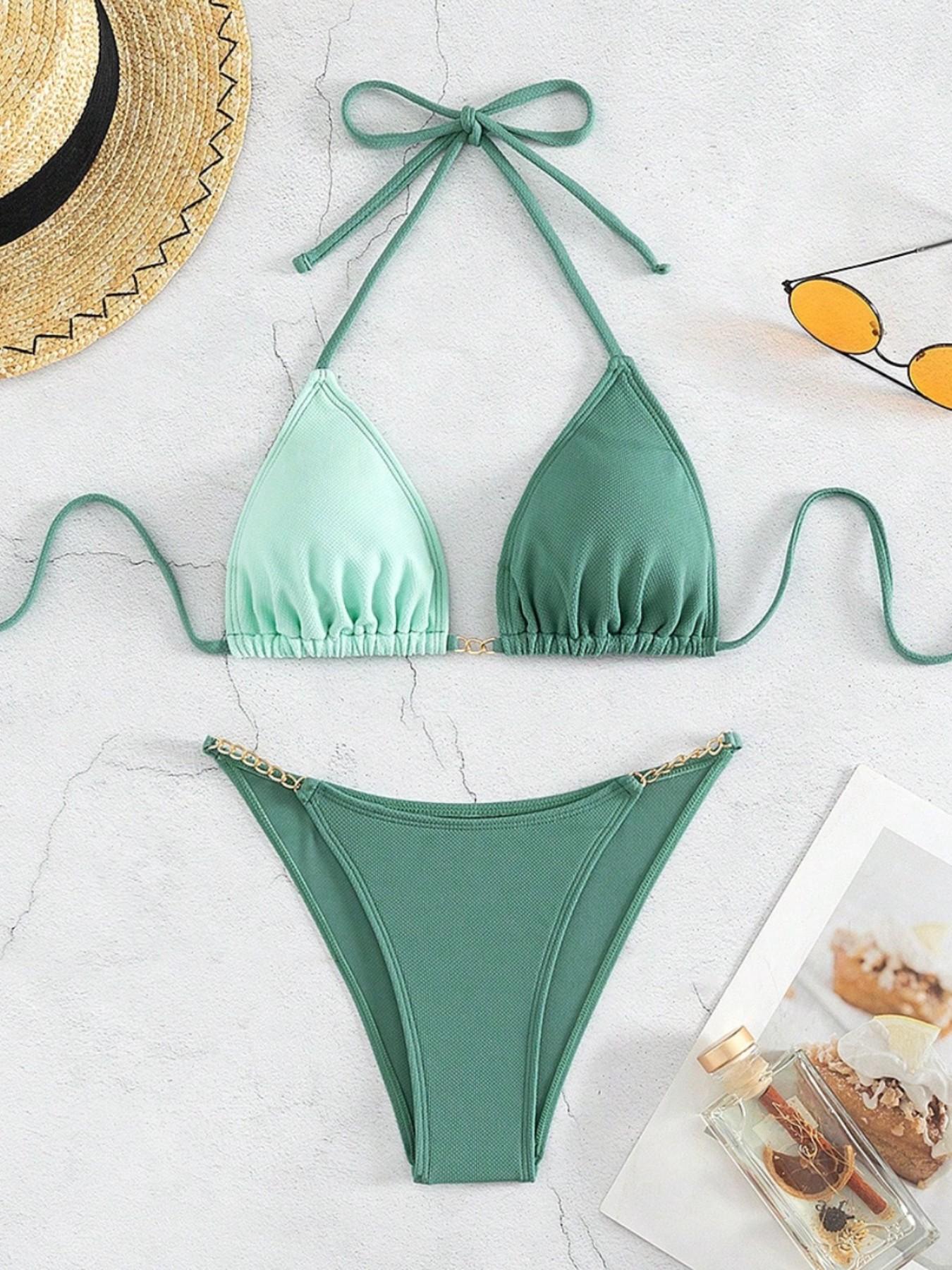 Gradient Halter Triangle Bikini Set for Women, Summer Vacation Sexy Babe Style, Adjustable Straps, Side Chain Decor, Beach Pool Party Wear