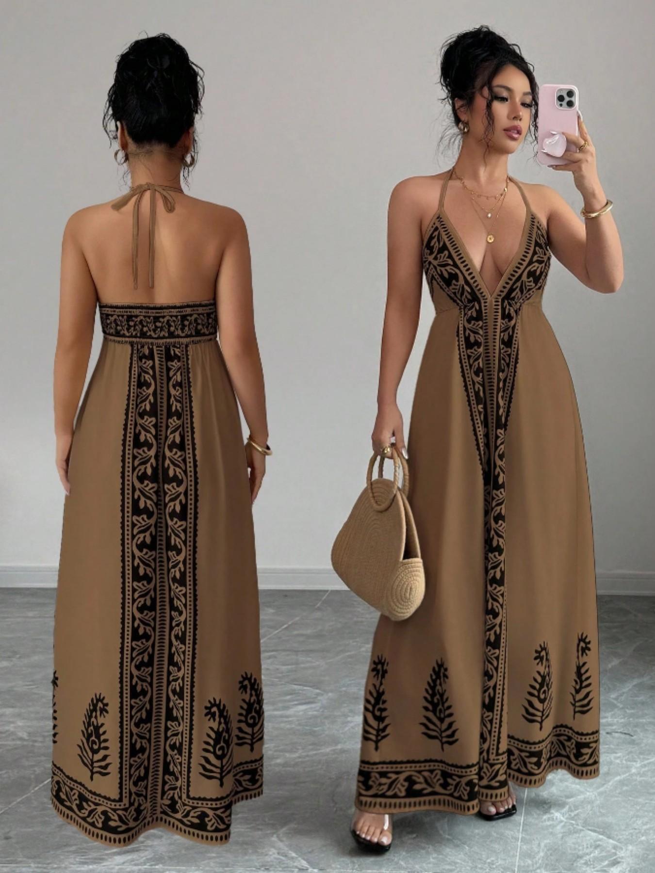 Women's Printed V Neck Dress, Casual Long Sleeve A-Line Dress, Elegant Floral Pattern, Perfect for Spring & Fall Fashion