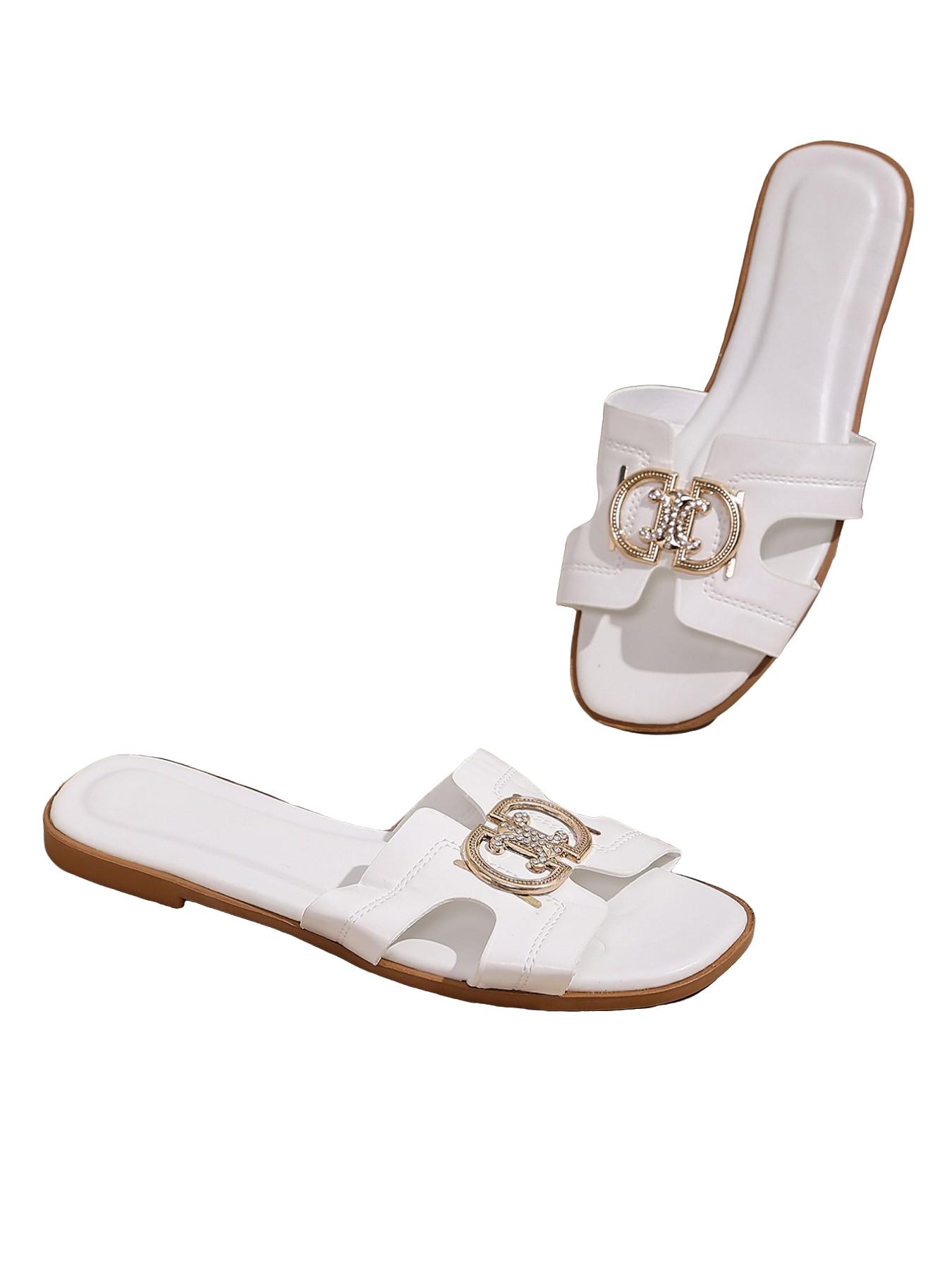 Summer Women's Large Size Metal Buckle Sandals, H-Shape Hollow Design, Soft Sole Anti-Slip, Versatile for Home, Shopping, Beach