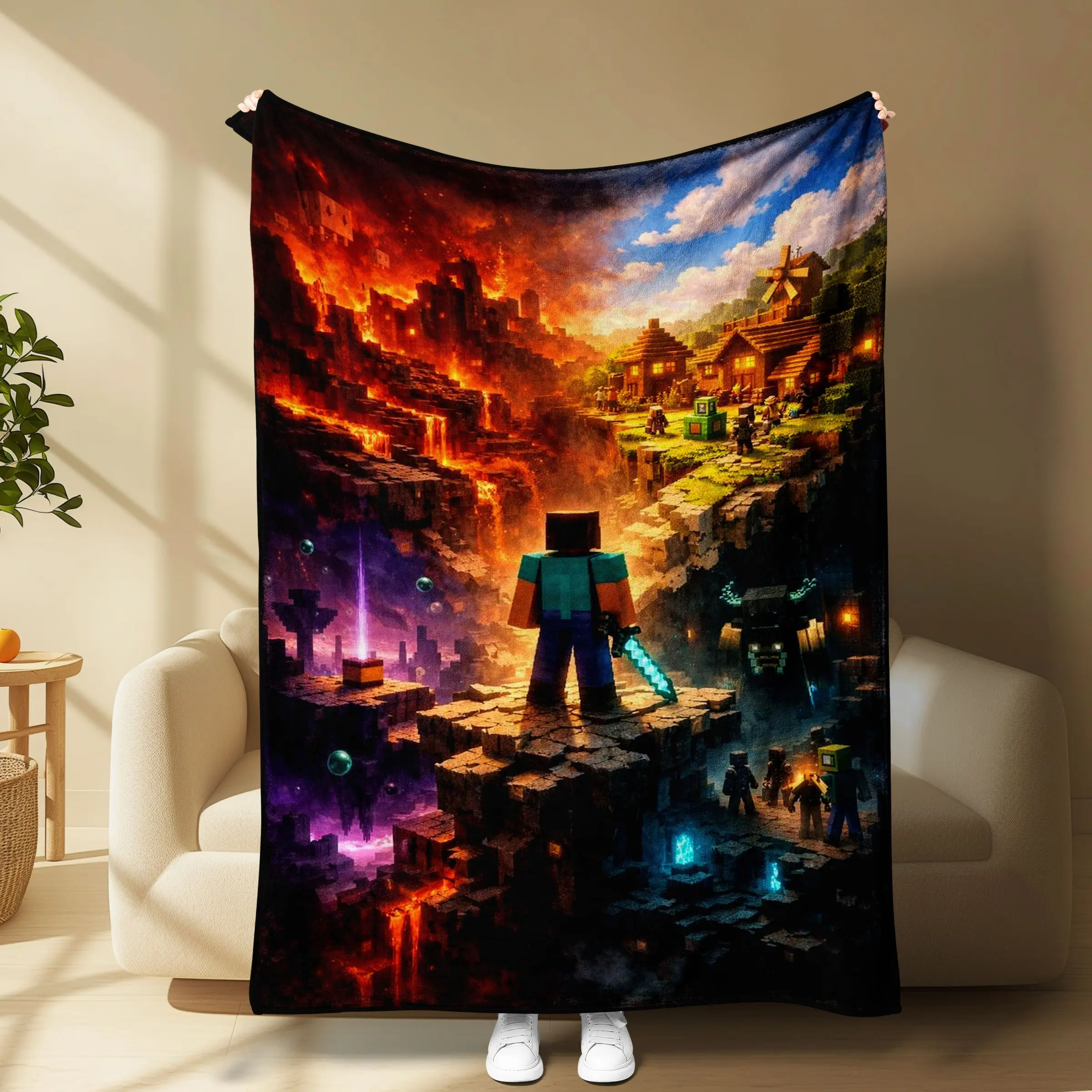 Minecraft Steve Three Worlds Flannel Throw Blanket, Overworld Nether End Dimension Game Scene Graphic Blanket, Steve With Diamond Sword Soft Cozy Blanket, Gamer Bedroom Decor Gift for Minecraft Fans