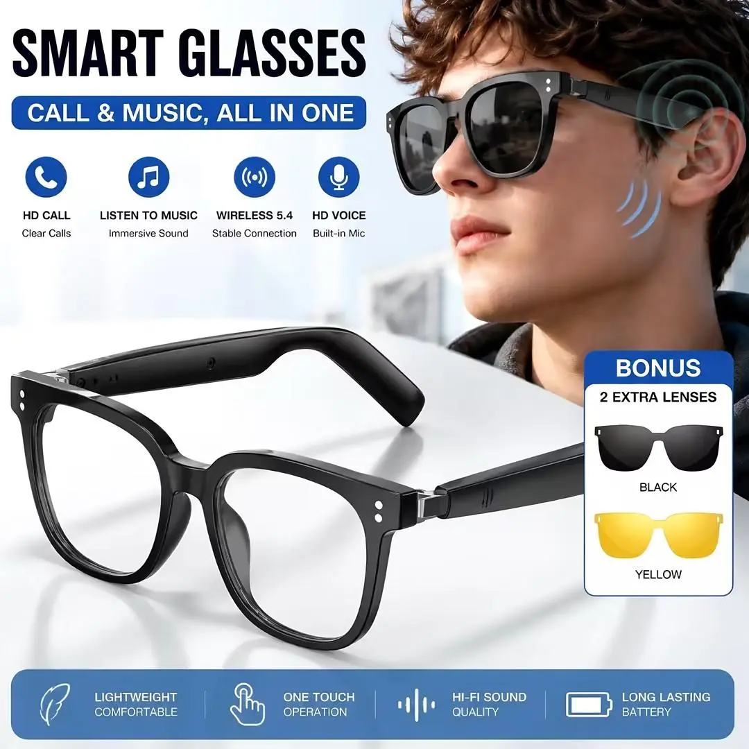 AI Bluetooth smart glasses, supporting translation of multiple language apps, equipped with replaceable magnetic lenses, filtering blue and ultraviolet light, music glasses, sweat proof, sun proof sunglasses, sunglasses, suitable for travel, navigation