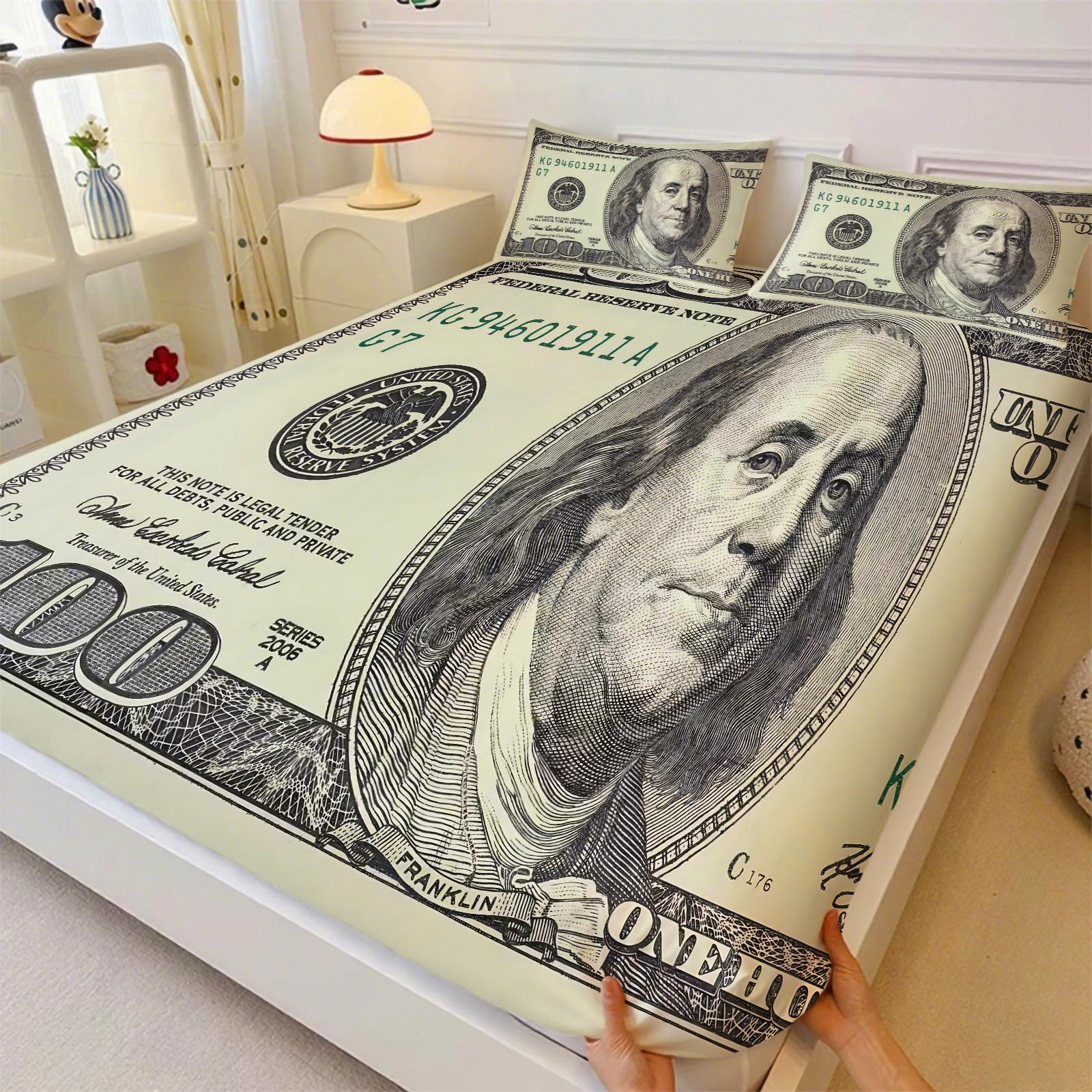 3-Piece Money Patterned Fitted Sheet Set,100 US dollars, Cash, USD Printed Bedding Set, Bed Sheets Set ,Suitable for Those Who Love Money for Bedroom Decoration. The Material Is Soft, Breathable, and Comfortable, Including 1 Fitted Sheet and 2 Pillowcases