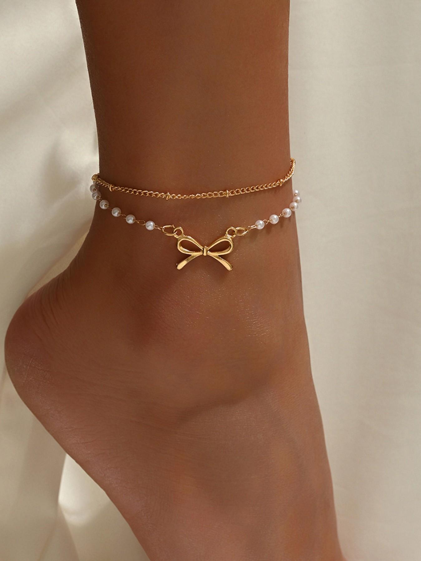 Women's Fashion Anklet, Vintage Summer Vacation Style, Geometric Design, Elegant Faux Pearl Chain with Bow Pendant, Perfect for Beach Parties