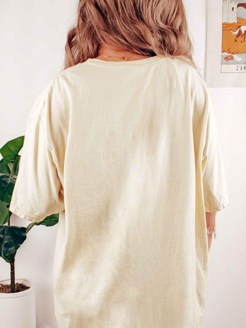 Women's Letter & Cowboy Print Drop Shoulder Tee, Casual Half Sleeve Round Neck T-shirt for Daily Wear, Ladies Clothes for All Seasons, Womenswear