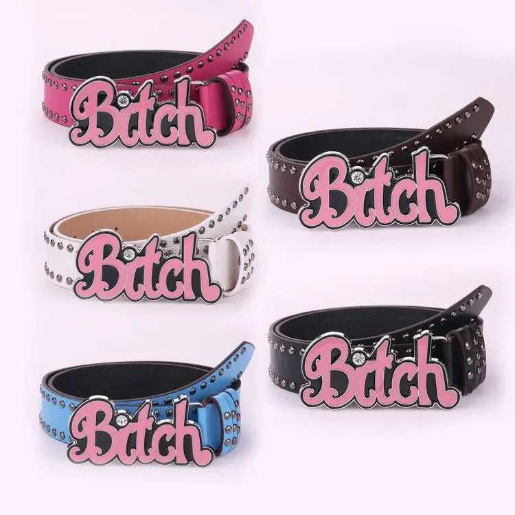 Women Y2K Punk PU Leather Waist Belt, Studded Side Decor Wide Belt, Bold Letter Plate Buckle Belt, Alt Streetwear Fashion Strap for Jeans & Daily Outfits