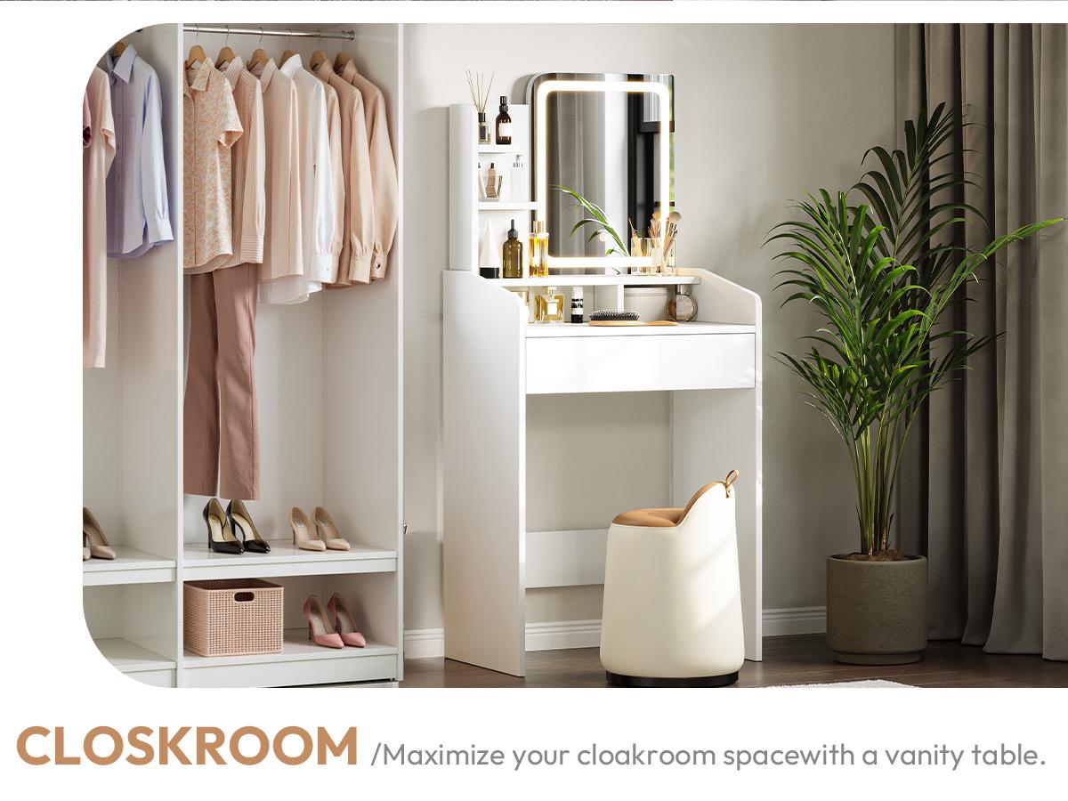 Dowinx Small Vanity Desk with Mirror and Lights, Makeup Vanity with Drawer & Storage Shelves, Makeup Desk with 3 Lighting Modes & Adjustable Brightness, Dressing Table for Women Girls Bedroom