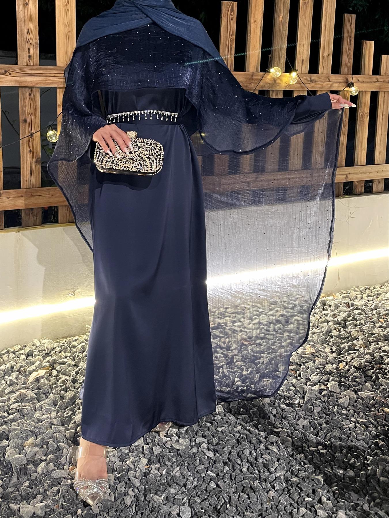 Luxury Elegant One-Piece Starry Sky Rhinestone Shawl Dress, Pure Color Modes Abaya Long Robe with Diamond Belt, modest muslim outfits, Women's Fashion Clothing