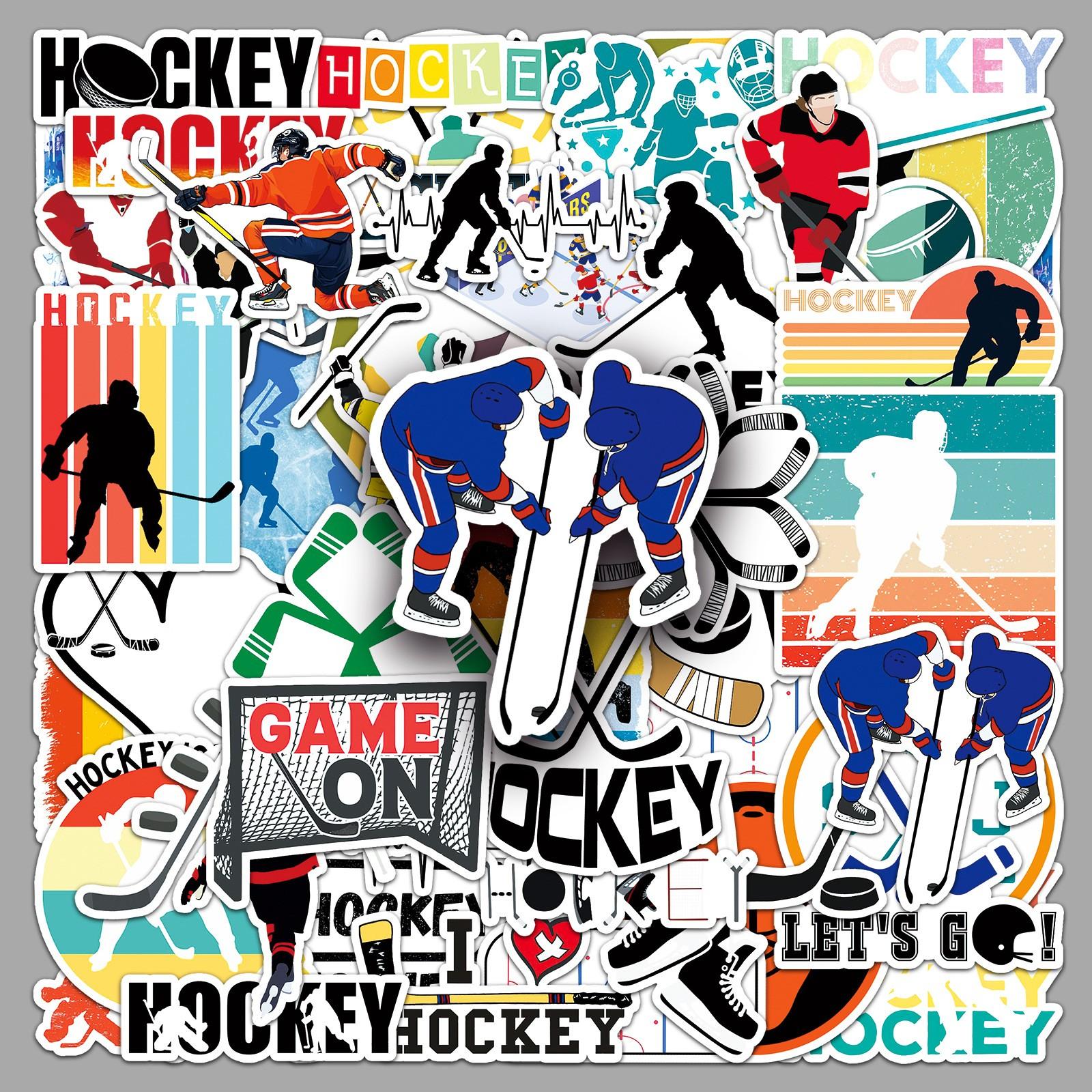 50pcs Hockey Stickers, Sports Themed Vinyl Decals, Waterproof Stickers for Water Bottle Laptop Skateboard Luggage, Hockey Player Stickers Pack for Teens Boys Sports Fans