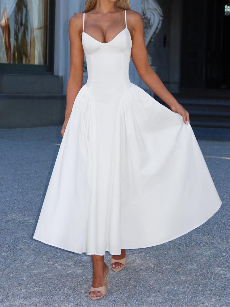 Pure Color Elegant Sleeveless Long Dress, Waist Cinched Design, Fitted Style, Plain Pattern, Perfect for Various Occasions