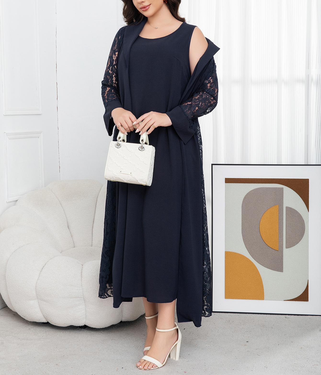 Plus Size Women's Navy Lace Two-Piece Set, Elegant Long Cardigan and Tank Dress, Slimming, Stylish and Chic, Perfect for Office and Dates