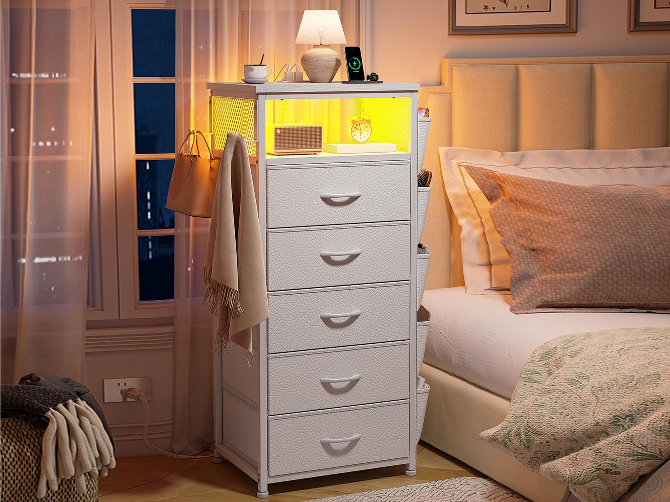 Night Stand Set 2 with Charging Station, Tall Nightstand with 5 Dresser Drawers, LED Nightstands with USB Ports & Outlets, Nightstand with Hooks, Night Stands with Storage Shelf, Bedroom