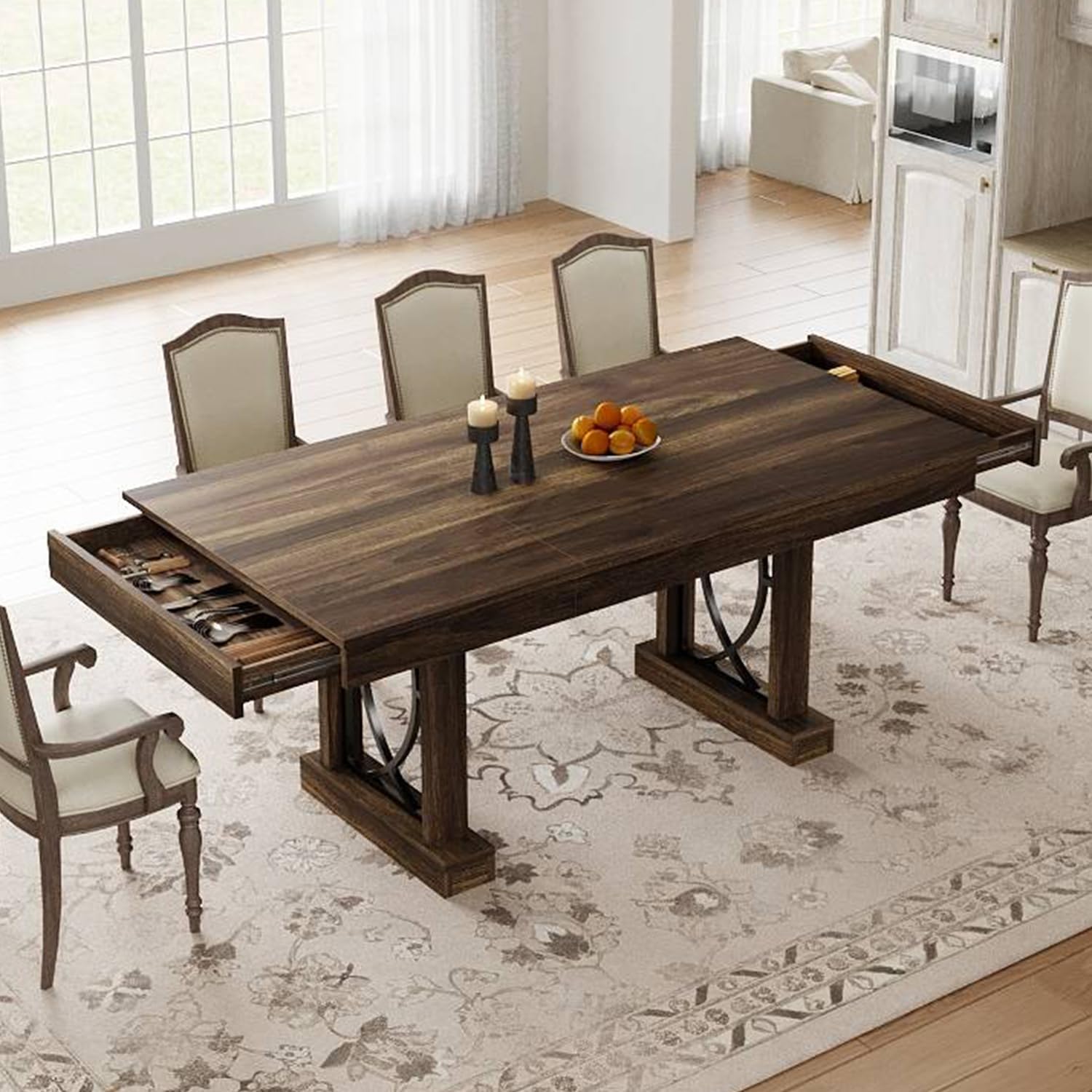 【 only Table 】71-Inch Rectangular Dining Table with Two Drawers, Wooden Kitchen Table w/Large Tabletop & Sturdy Frame, Large Dining Table for 6-8 with Double Pedestal, for Dining Room, Office 【 only Table 】71-Inch Rectangular Dining Table with Two Drawers, Wooden Kitchen Table w/Large Tabletop & Sturdy Frame, Large Dining Table for 6-8 with Double Pedestal, for Dining Room, Office