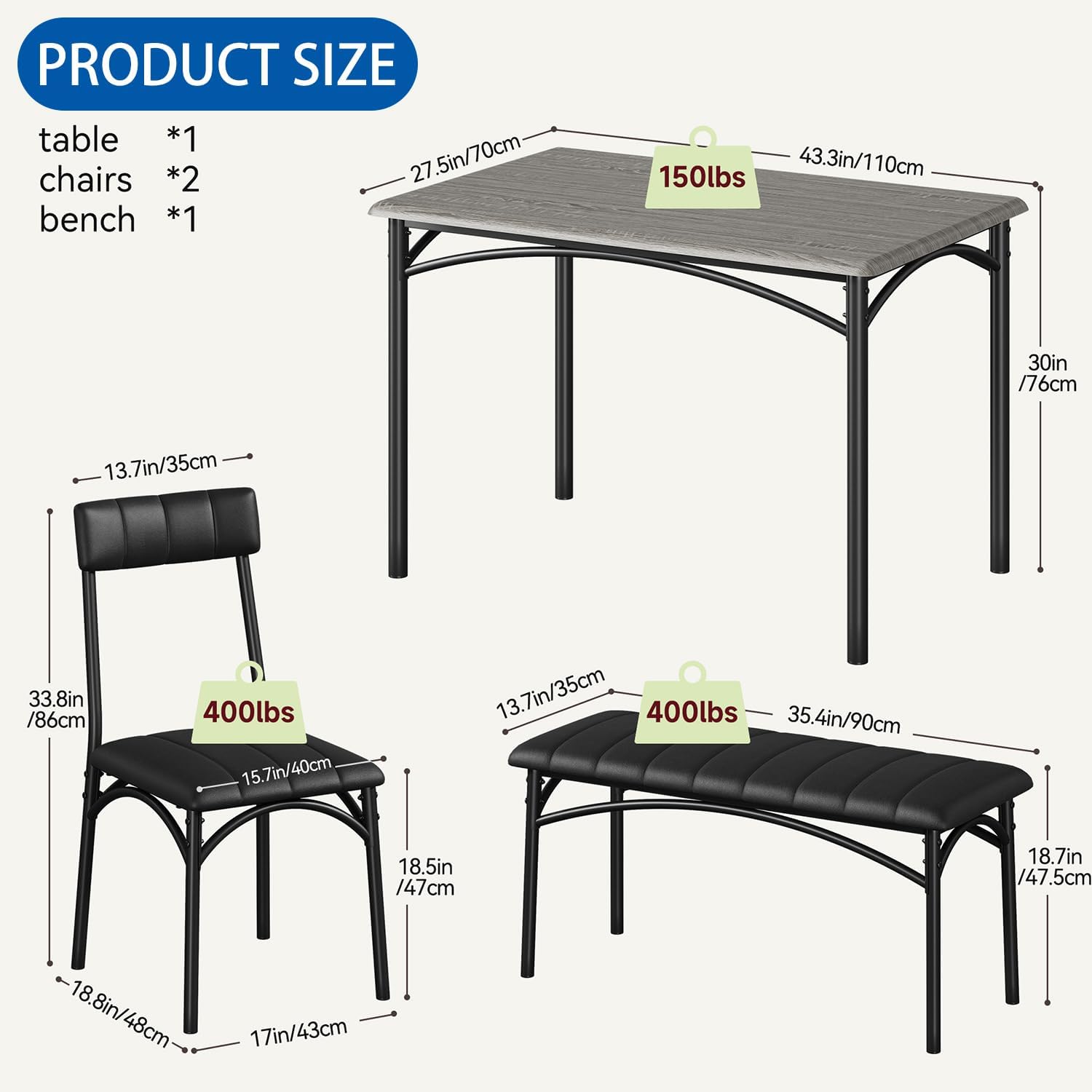 Dining Table Set for 4, Kitchen Table and Chairs for 4, Rectangular Dining Room Table Set with Upholstered Bench and Chairs, 4 Piece Table Set for Small Space, Apartment Dining Table Set for 4, Kitchen Table and Chairs for 4, Rectangular Dining Room Table Set with Upholstered Bench and Chairs, 4 Piece Table Set for Small Space, Apartment