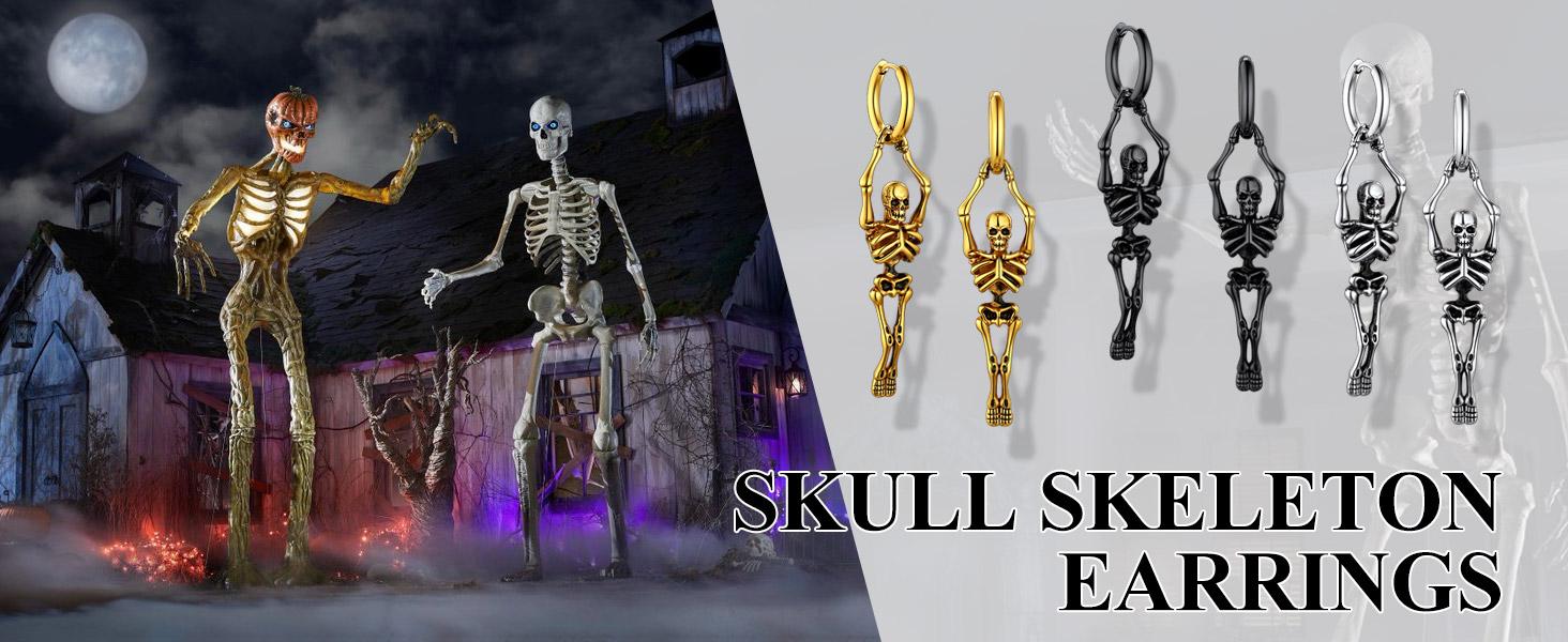 U7 Skull Skeleton Charm Hoop Earrings for Men Women Retro Vintage Gothic Skeleton Huggie Earrings Stainless Steel Dangling Earrings for Halloween