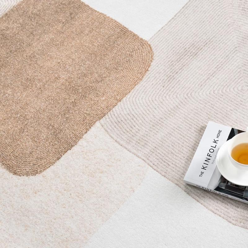 1pc Ins Modern Bedroom Plush Rug Geometric Abstract Line Living Room Decoration Carpet Earth Color Texture Washable Rug Nordic Fluffy Soft Balcony Non-slip Mat, Machine Washable Rugs, Decorative Area Rug, Home Decor Rug, Geometric Pattern Rug